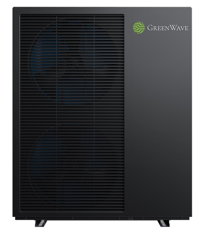 GreenWave Monoblock-Wärmepumpe, Ansicht auf die Ventilatorgitter mit Markenlogo